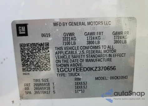 2019 Chevrolet Silverado K1500 Rst из США, поврежденный, VIN 1GCUYEED0KZ370656